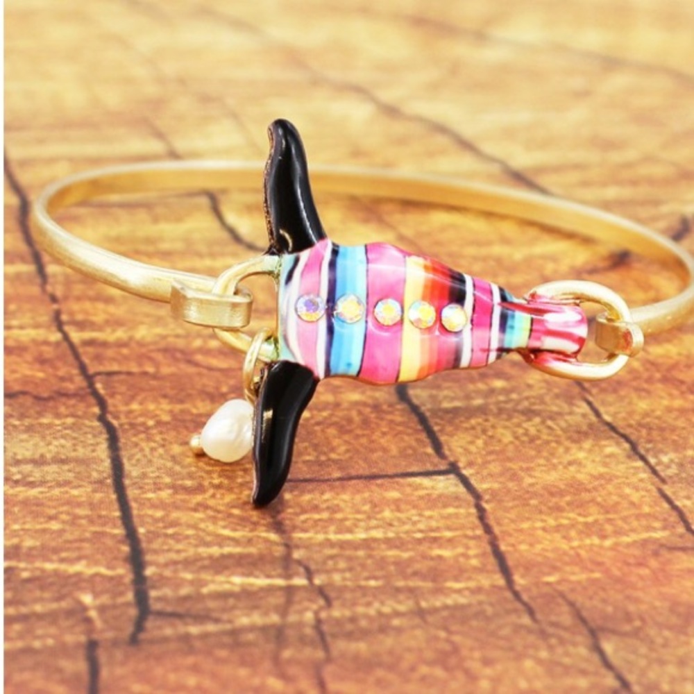 Crystal Serape Steer Head Goldtone Bracelet